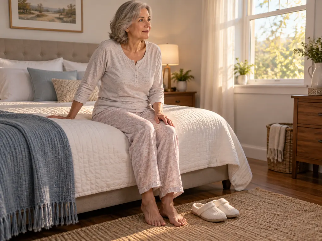 An adult sits safely on the edge of a bed after feeling lightheaded in the morning.