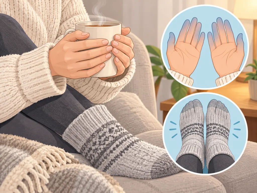 Hands wrapped around a mug with warm clothing nearby, suggesting cold extremities.