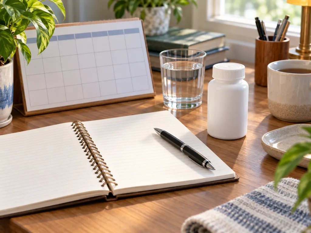 A blank symptom journal, pen, calendar, and closed medicine bottle arranged on a desk.