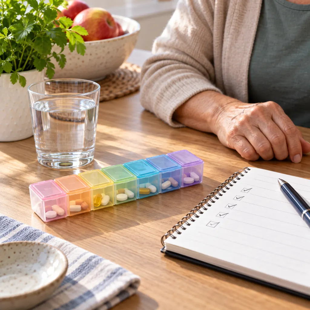 A pill organizer, notebook, and glass of water arranged on a table for medication symptom tracking.