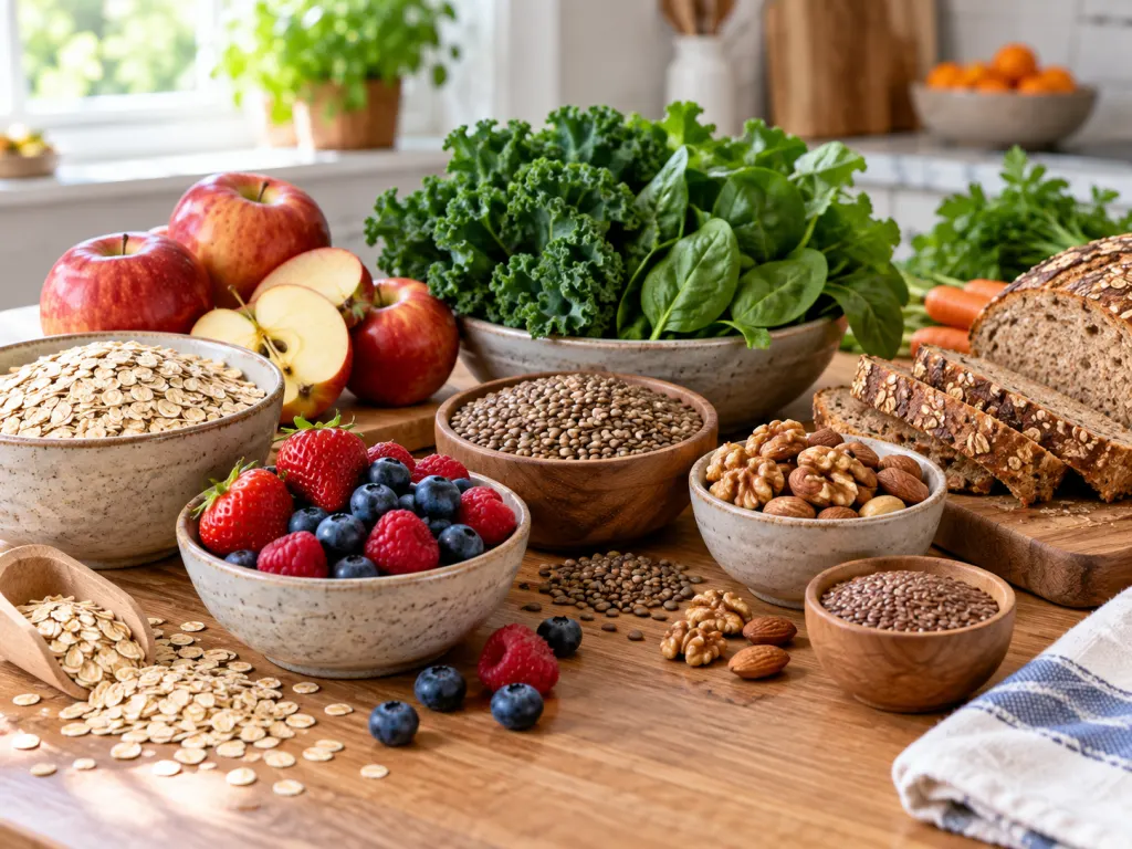 Fiber-rich foods including oats, fruit, lentils, greens, nuts, and whole-grain bread.
