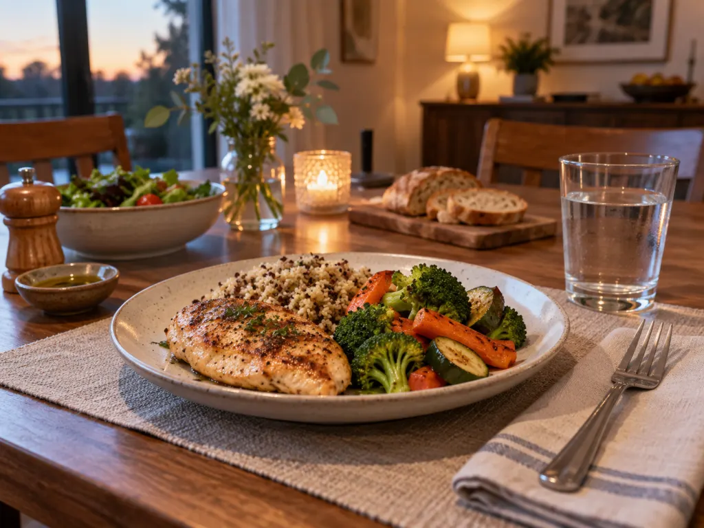 A moderate balanced dinner plate with water in a relaxed evening table setting.