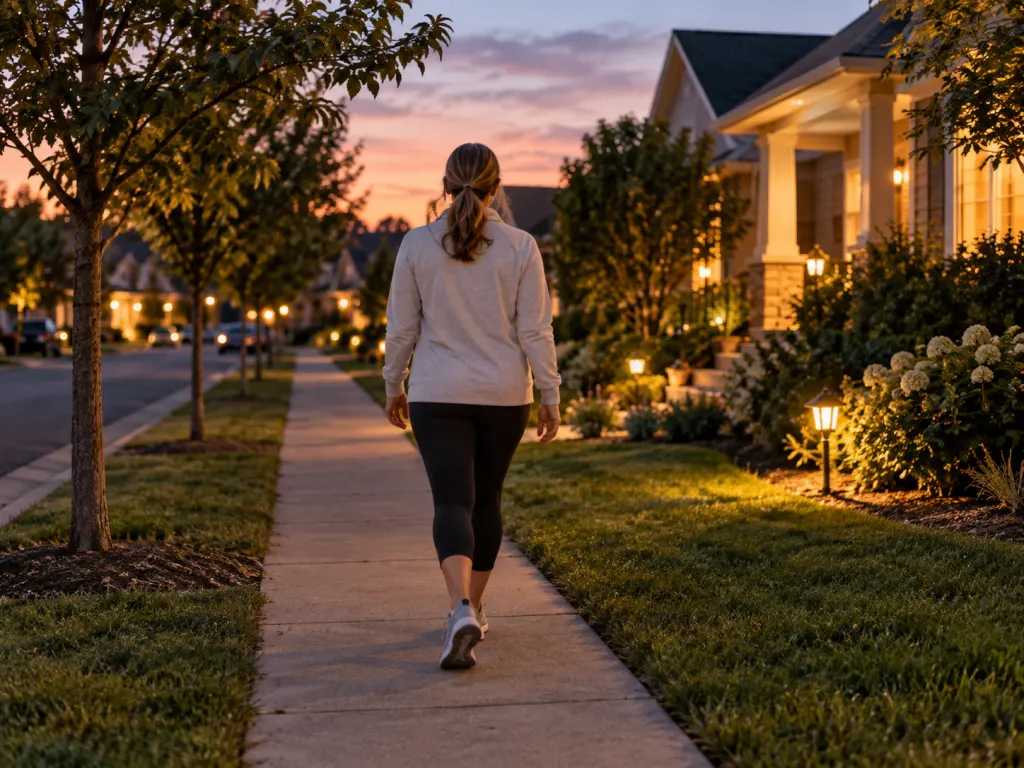 A person taking a gentle walk after dinner on a quiet sidewalk at dusk.