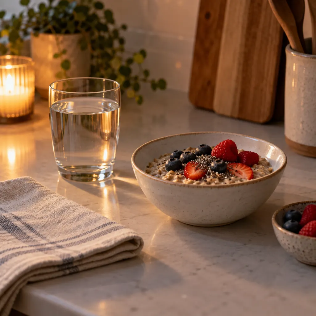 A calm kitchen counter with water, oatmeal, berries, and warm evening light.