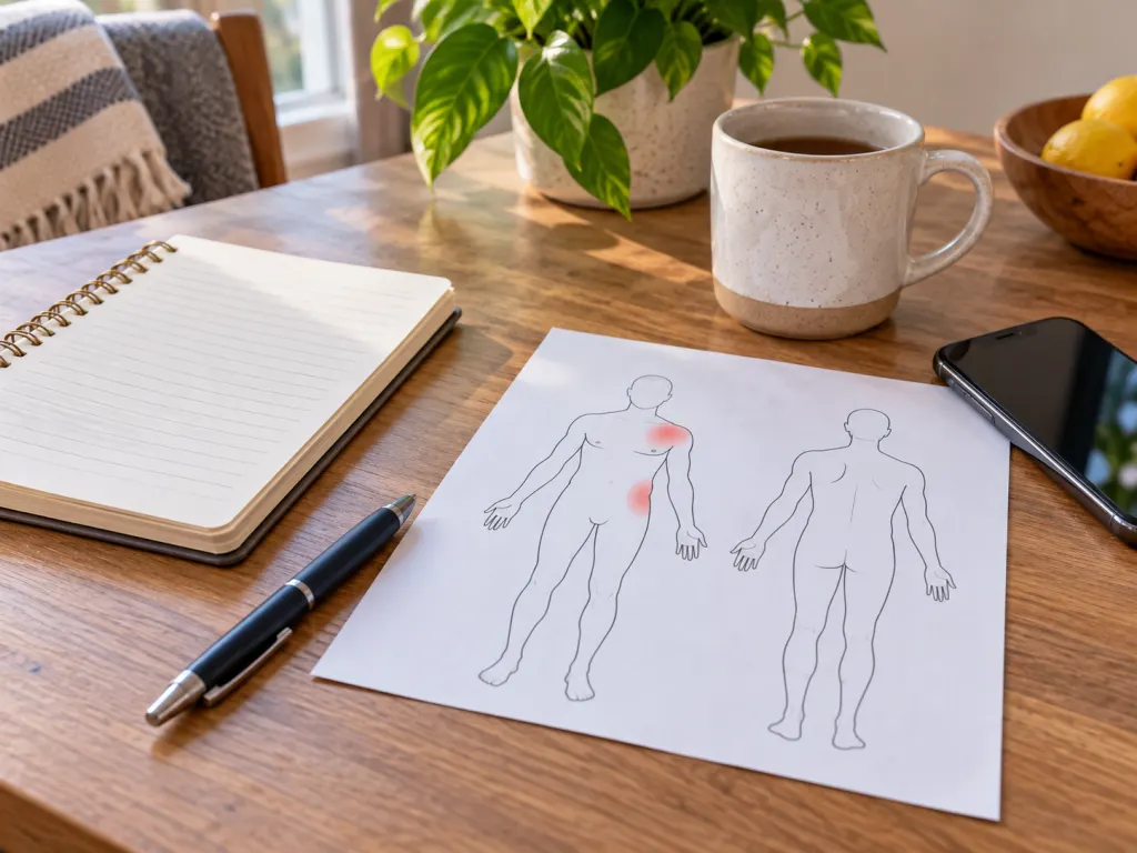 Notebook and body outline used to track pain location and timing