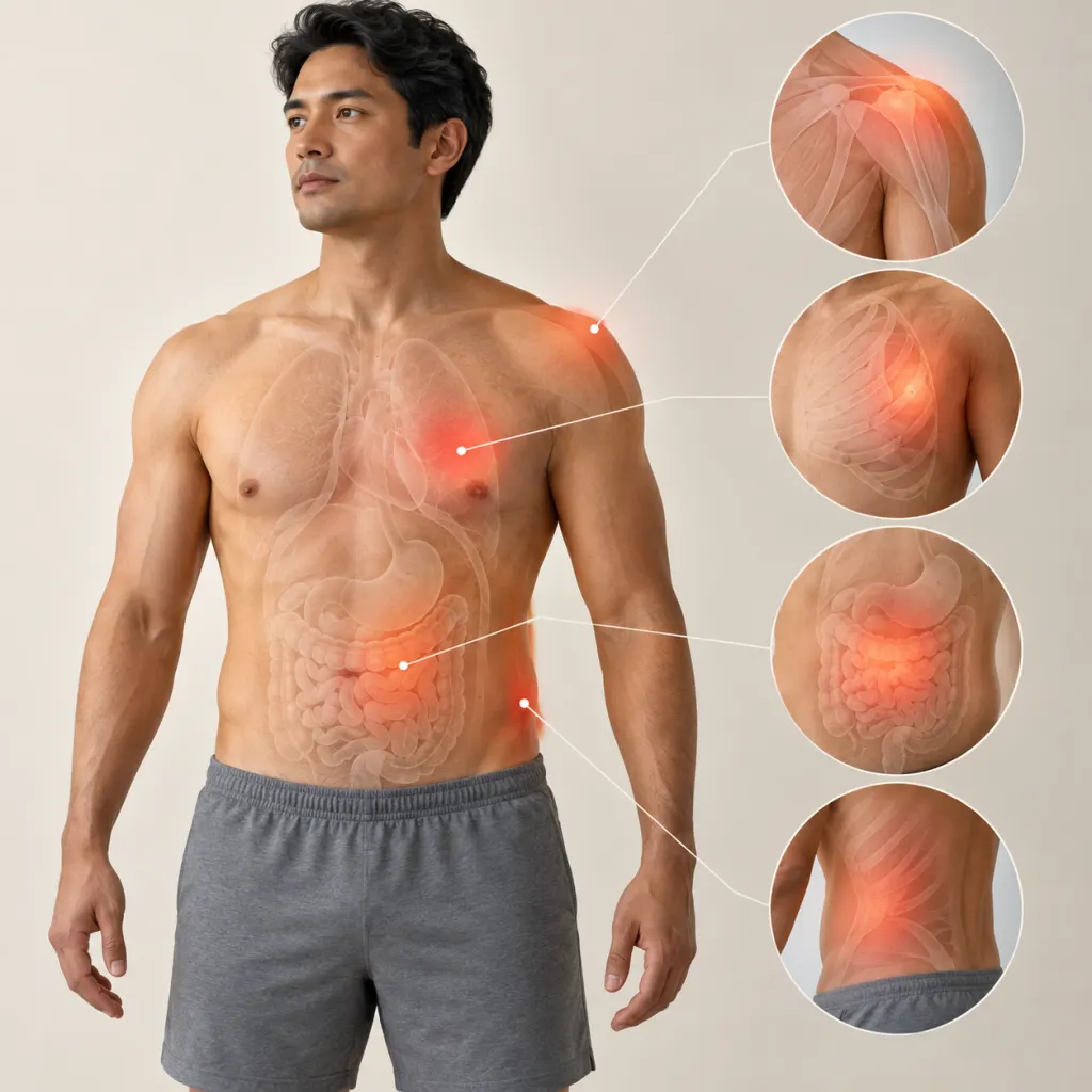 Illustration of a body silhouette with highlighted left-side pain areas