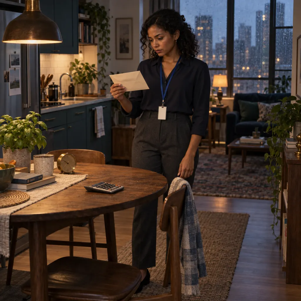 Mara stands beside a kitchen table with an envelope and calculator.