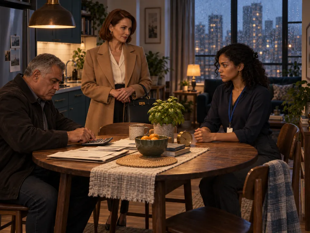 Grant uses a calculator while Mara confronts her parents.