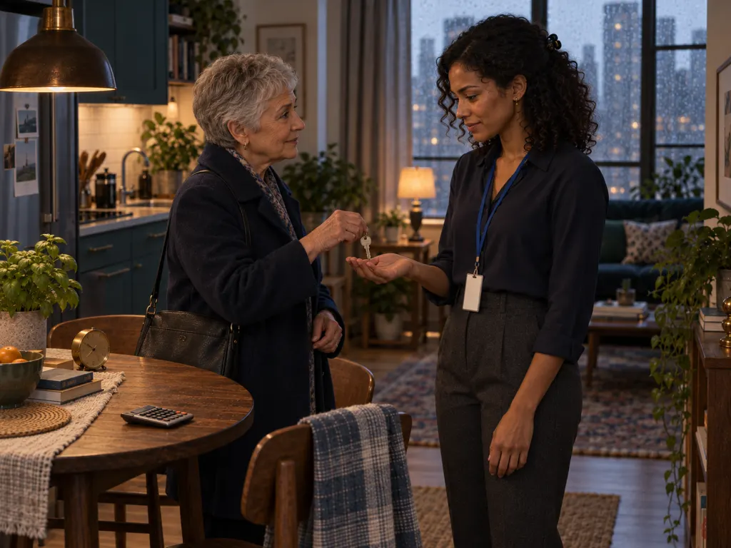 Ruth returns Mara’s spare key during a quiet kitchen visit.