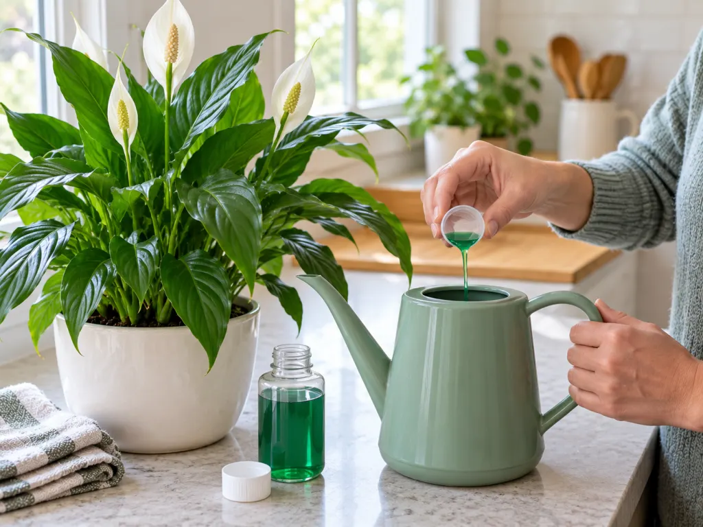 A small amount of liquid fertilizer being added to a watering can near a peace lily.