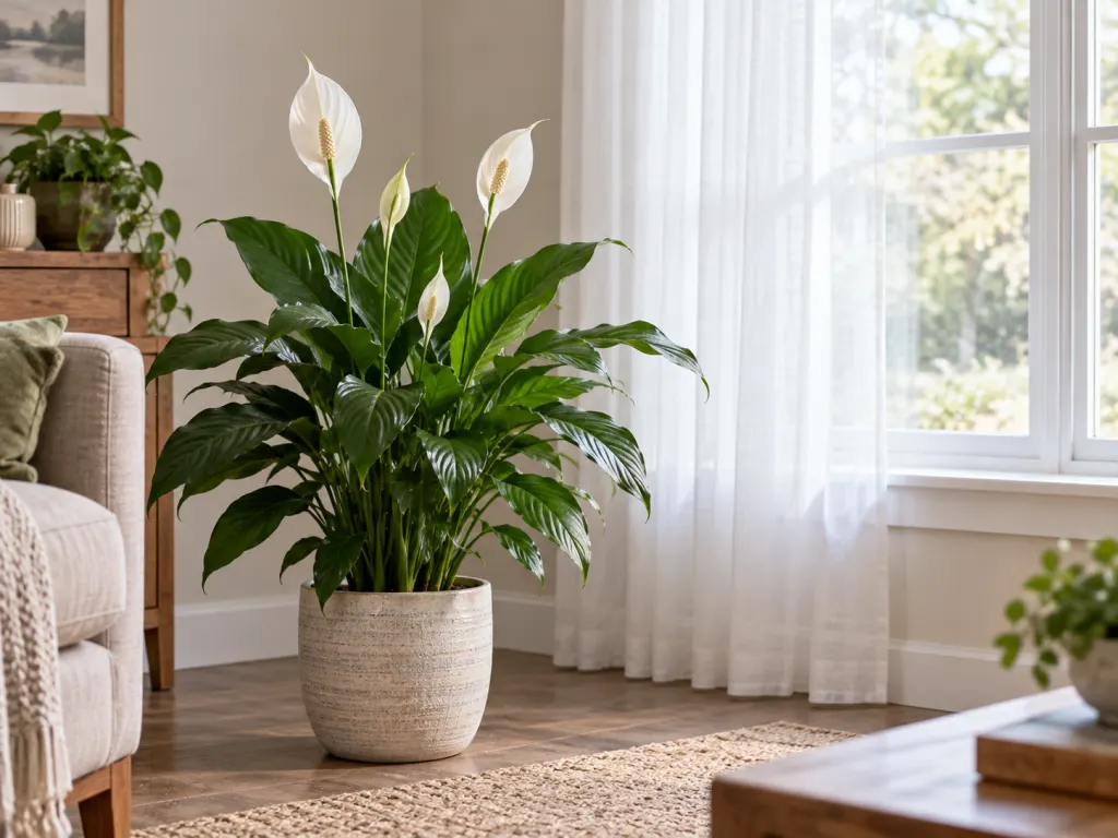 A peace lily placed in bright indirect light near a filtered window.