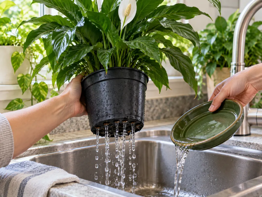 Water draining from a peace lily pot to show proper flushing and drainage.