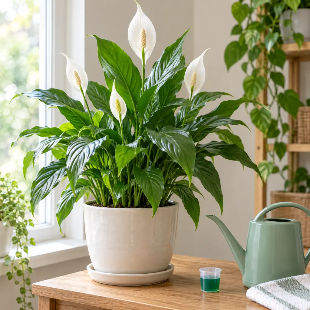 A blooming peace lily in a pot beside a watering can in soft window light.