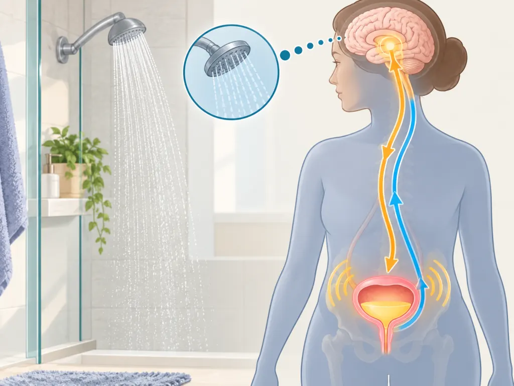 Illustration of bladder and brain signals with a shower cue in the background.