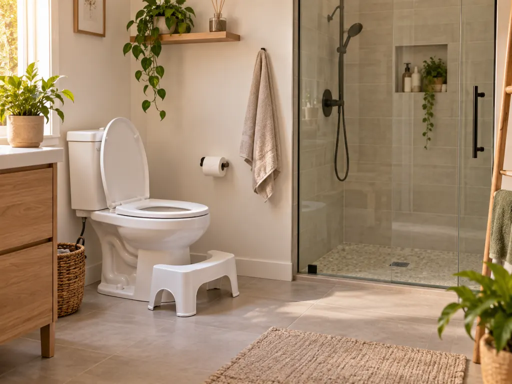 Bathroom scene with a toilet and foot support suggesting relaxed toileting posture.