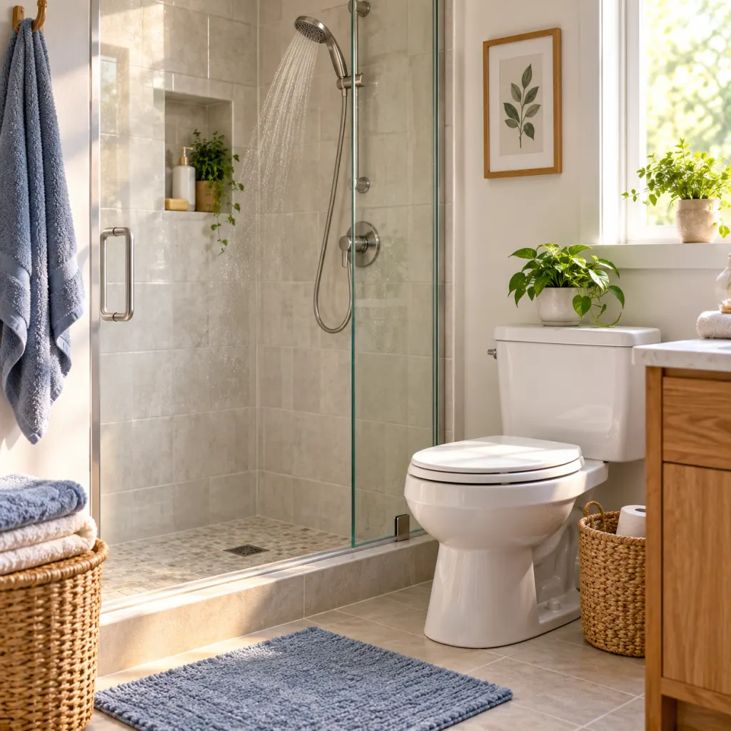 Clean bathroom with a shower and toilet illustrating a private bladder habit discussion.