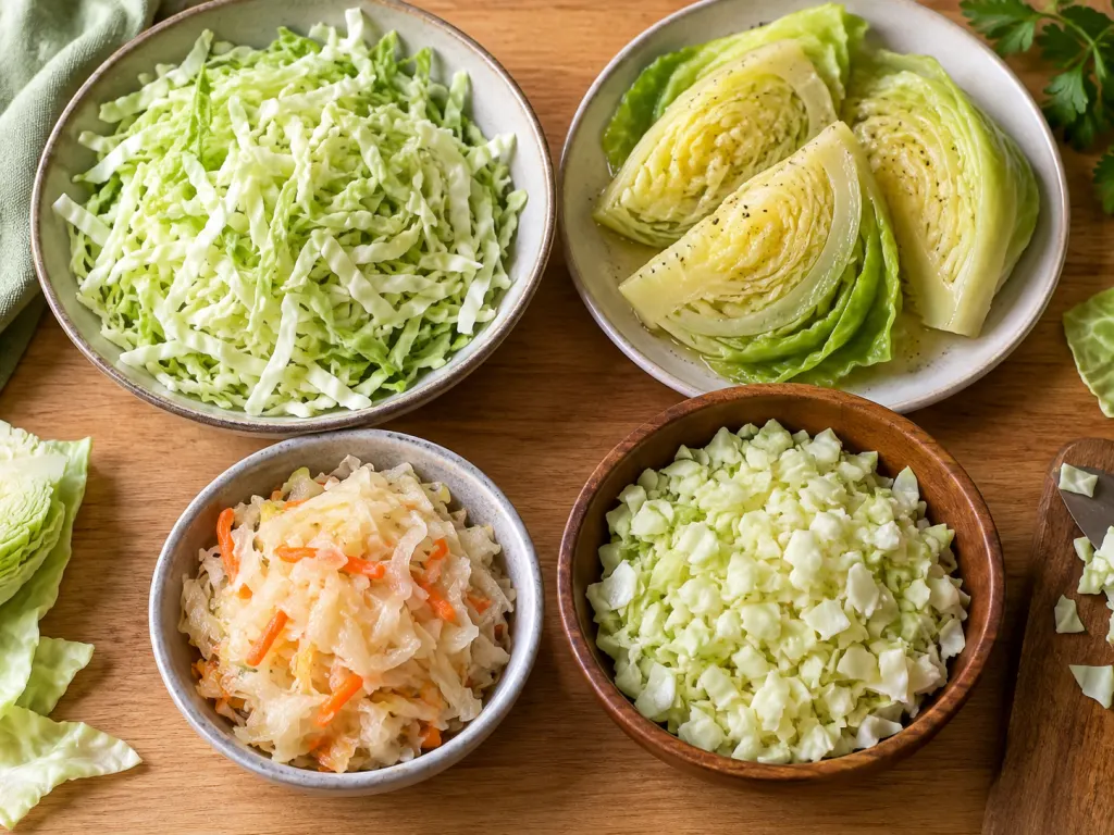 Four different cabbage preparations shown side by side from above.