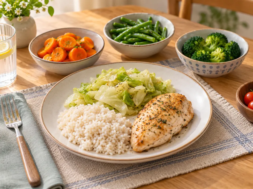 A balanced plate with a small cooked cabbage serving and other foods.