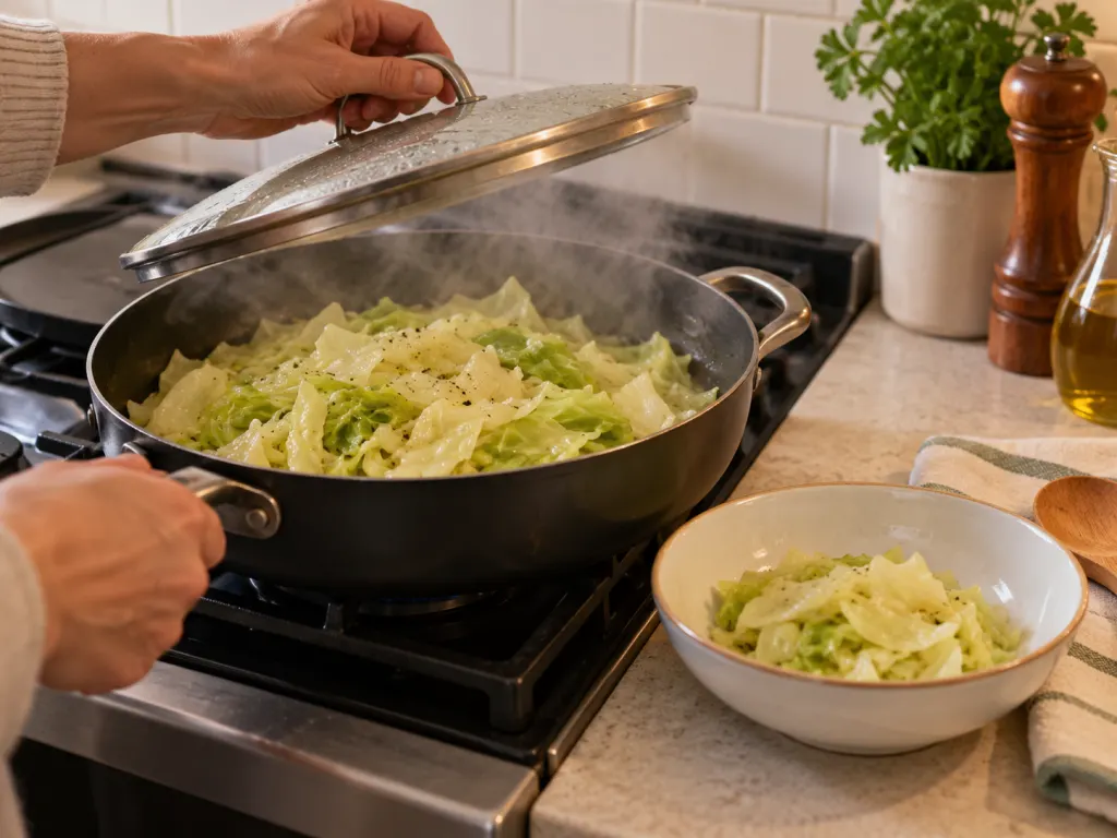 Hands steaming cabbage in a pan and preparing a small serving bowl.