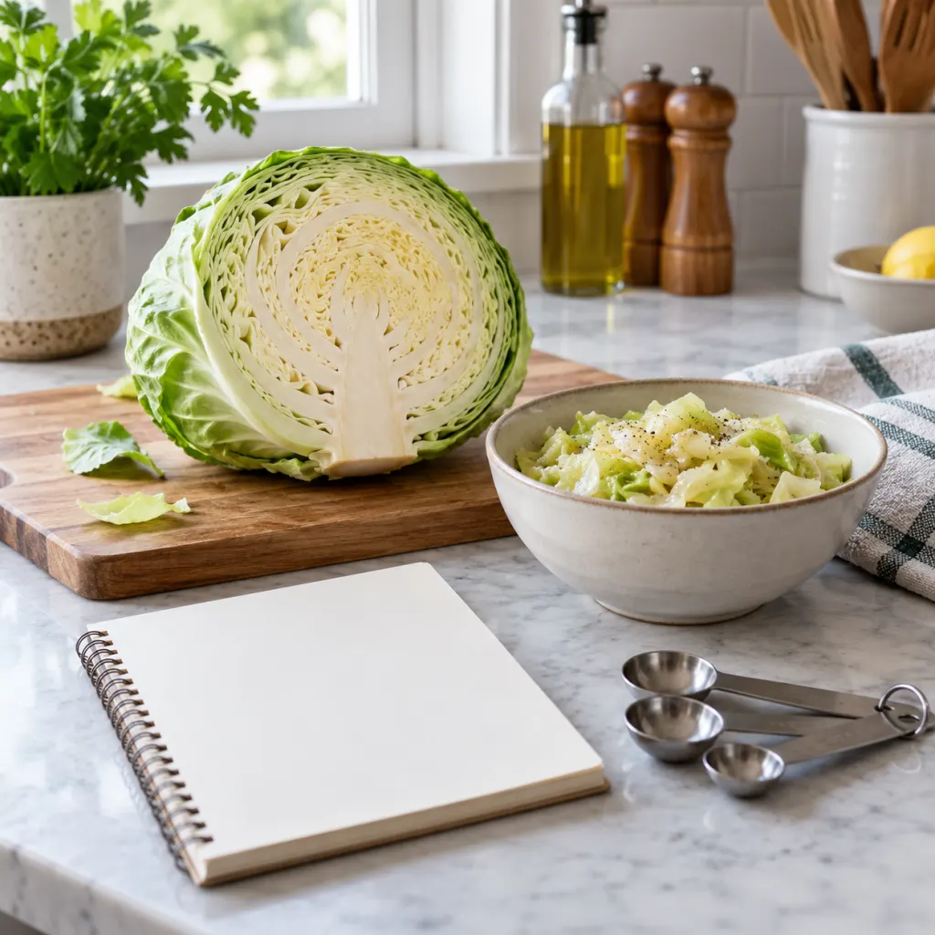 A halved cabbage beside a small cooked portion on a kitchen counter.