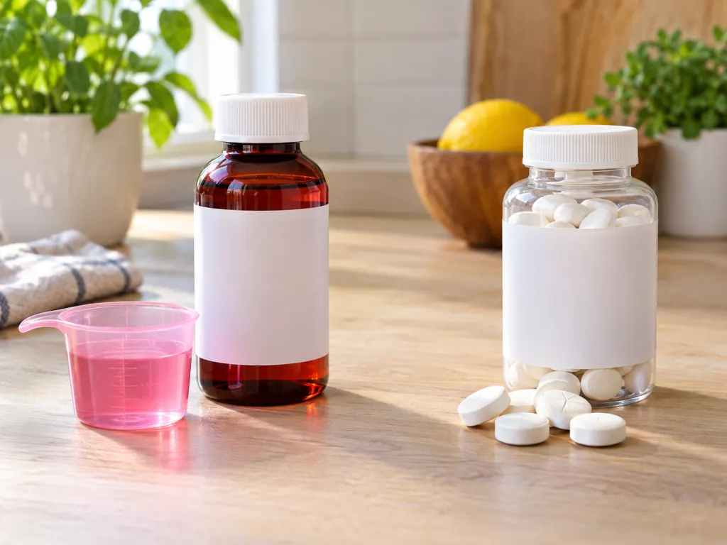A split tabletop scene comparing a pink liquid stomach product with white antacid tablets.