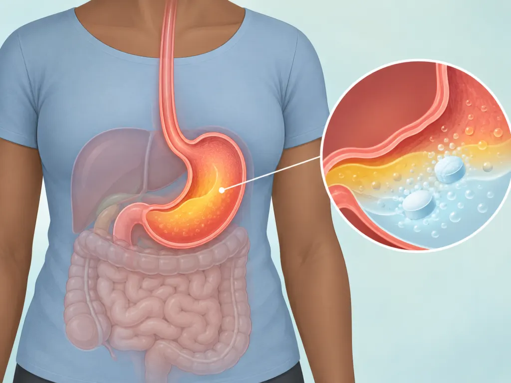 A calm illustration of the upper digestive tract with the stomach gently highlighted.
