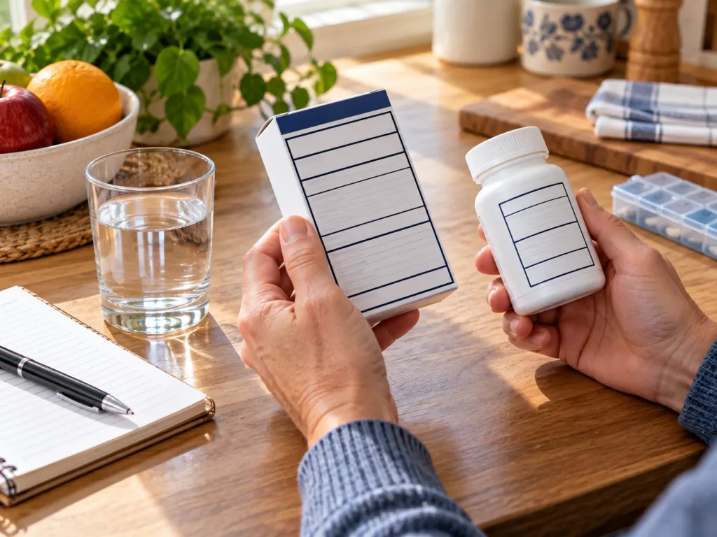 A person reviews a blank medicine package at a kitchen table with water and a notebook.
