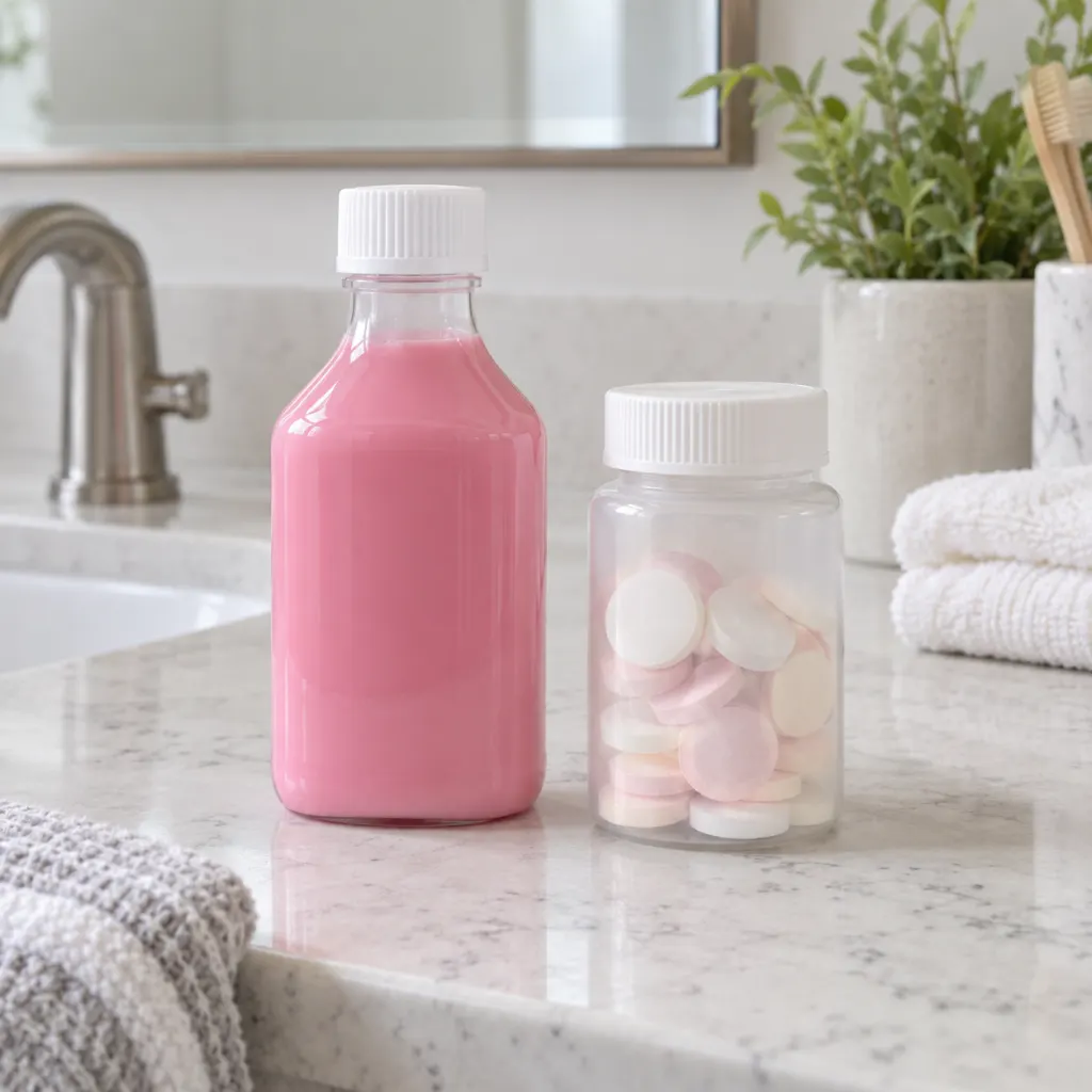 Two generic stomach care products on a clean counter, shown as a calm comparison.