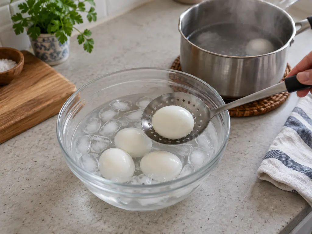 Hard-cooked eggs are moved from a saucepan into a bowl of ice water.