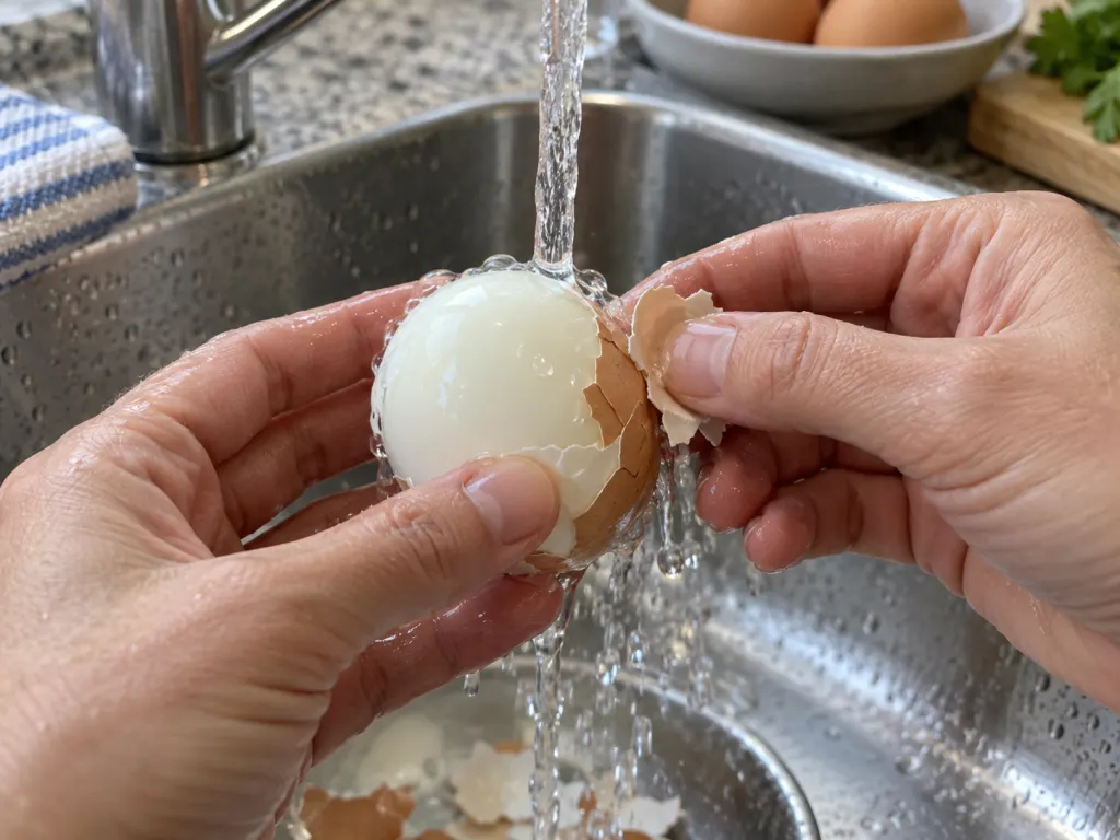 Hands peel a chilled hard-cooked egg under cool running water as the shell loosens.