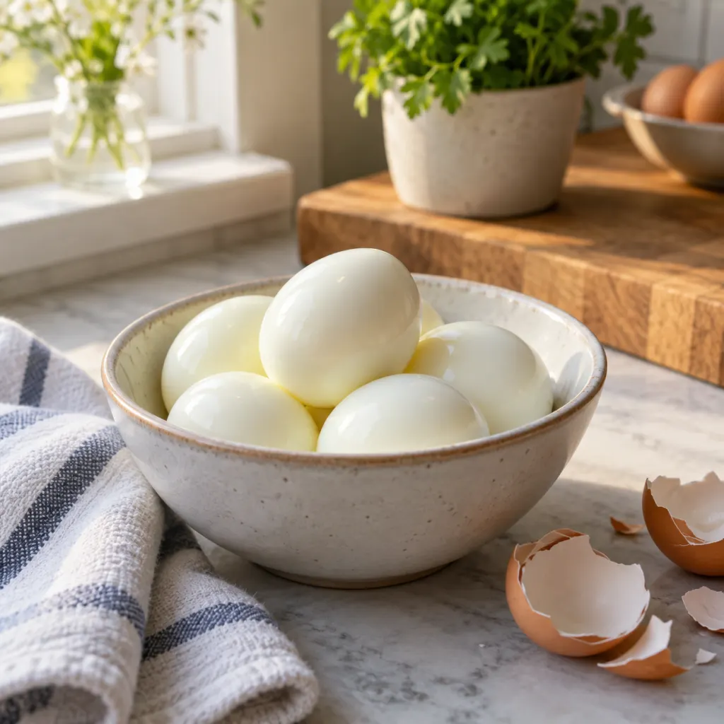A bowl of smooth peeled hard-cooked eggs with a few shell pieces on a kitchen counter.