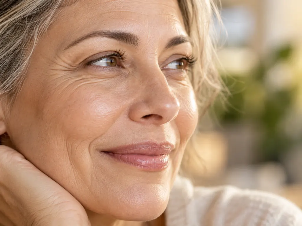 Close view of mature skin texture with fine lines and a moisturized surface
