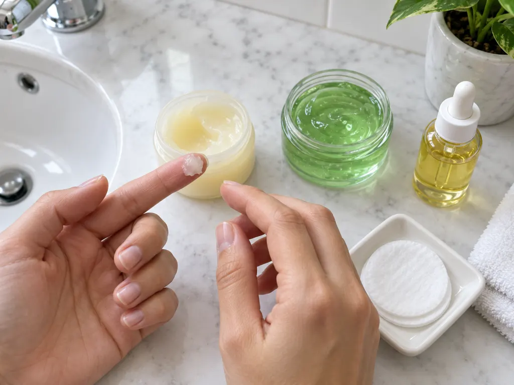 Hands with a small amount of petroleum jelly beside aloe gel and vitamin E oil