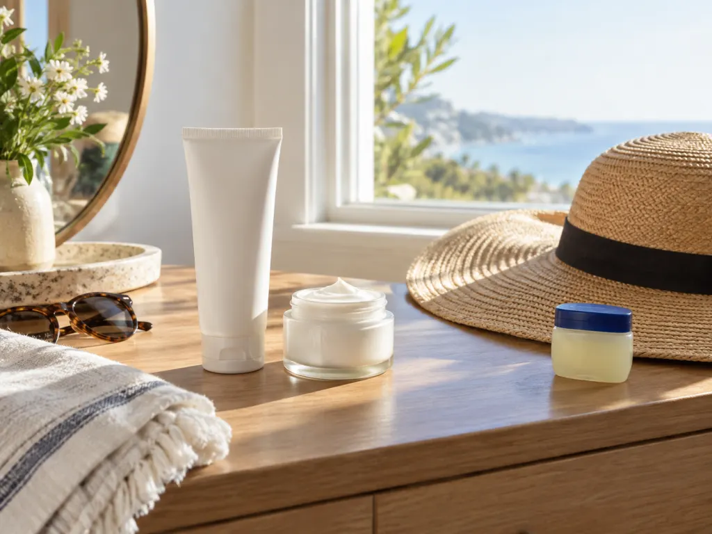 Morning skin care items with sunscreen, moisturizer, hat, and petroleum jelly near a window