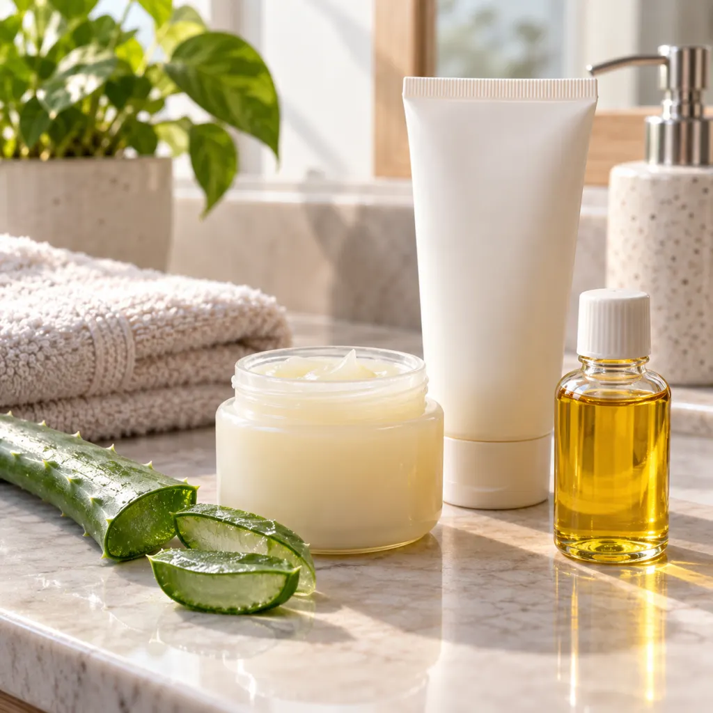 Unlabeled skin care jars with aloe and oil on a clean bathroom counter