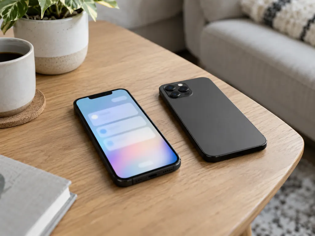 Two phones on a table, one face up with unreadable alert shapes and one face down.