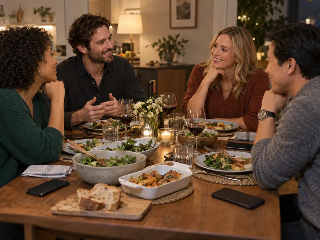 People talking at a dinner table with phones placed face down and set aside.
