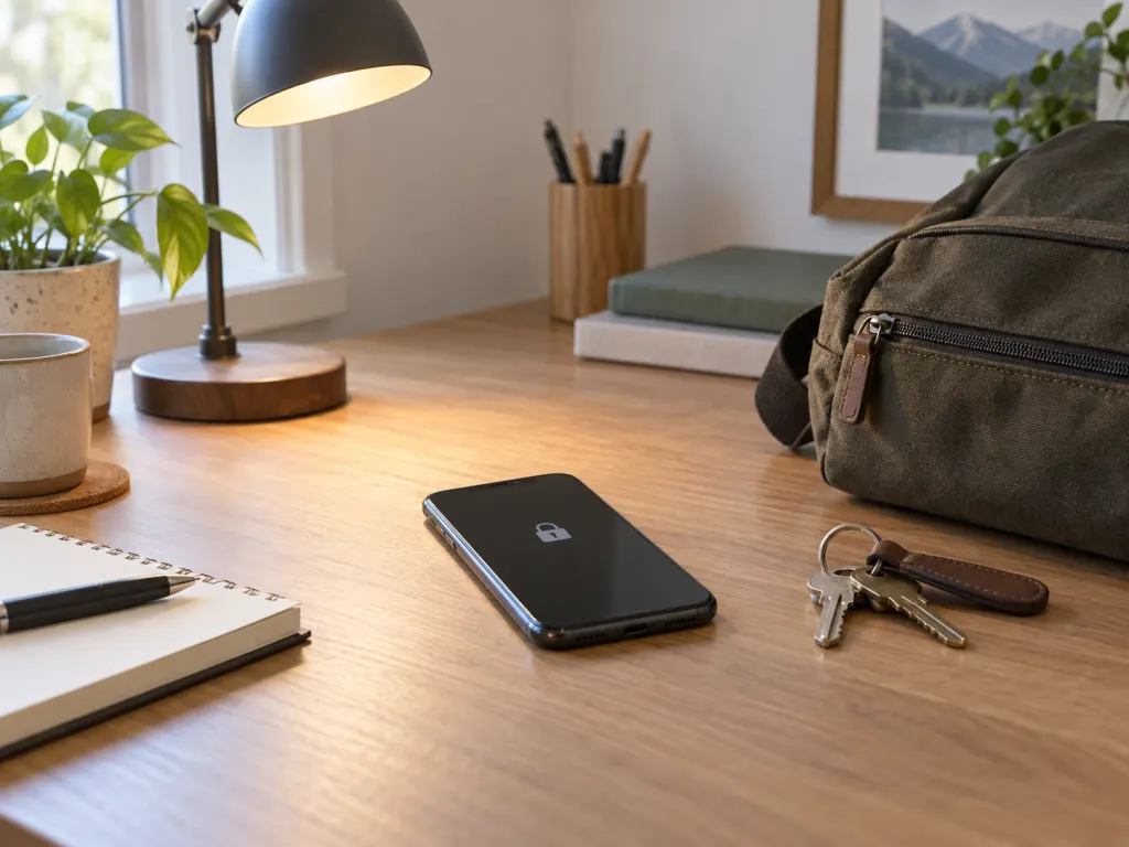 A locked smartphone placed beside a bag and keys on a tidy desk.