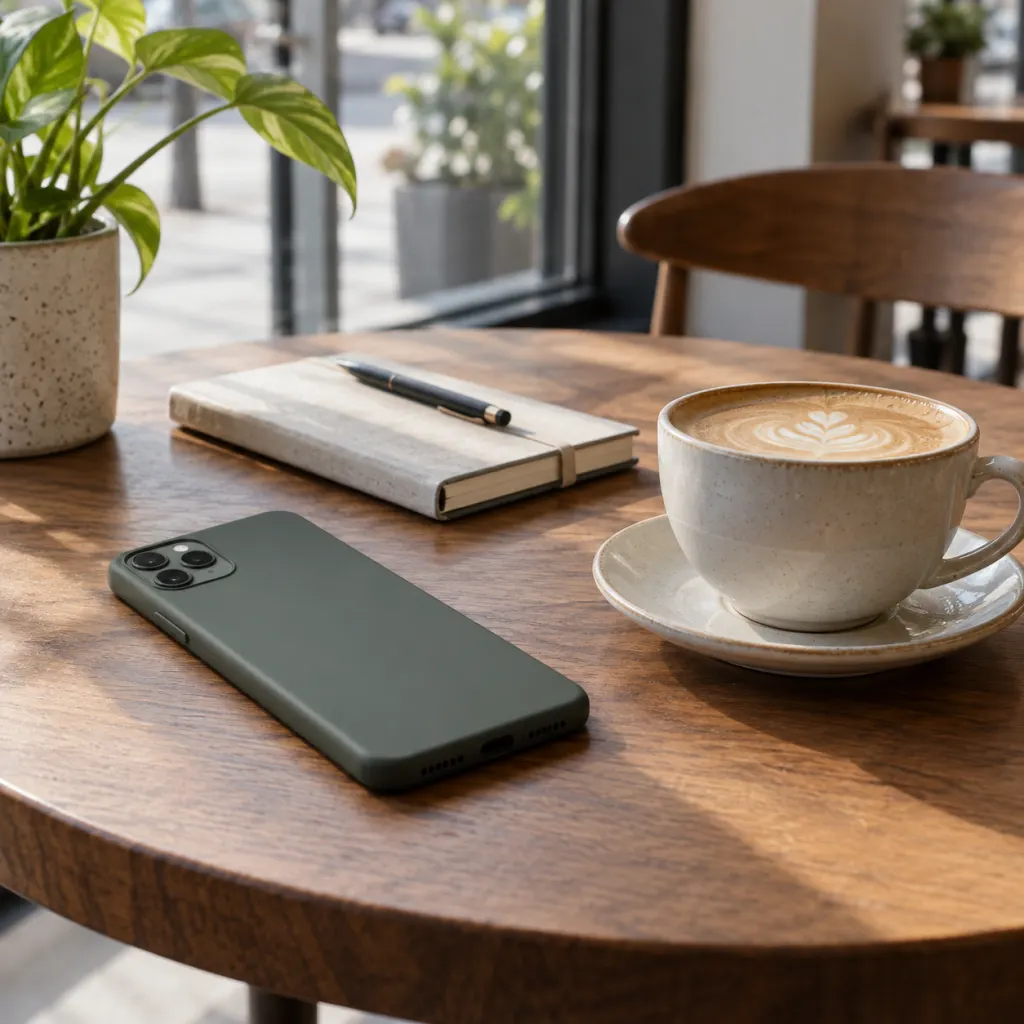 A smartphone placed face down on a cafe table beside a notebook and coffee cup.