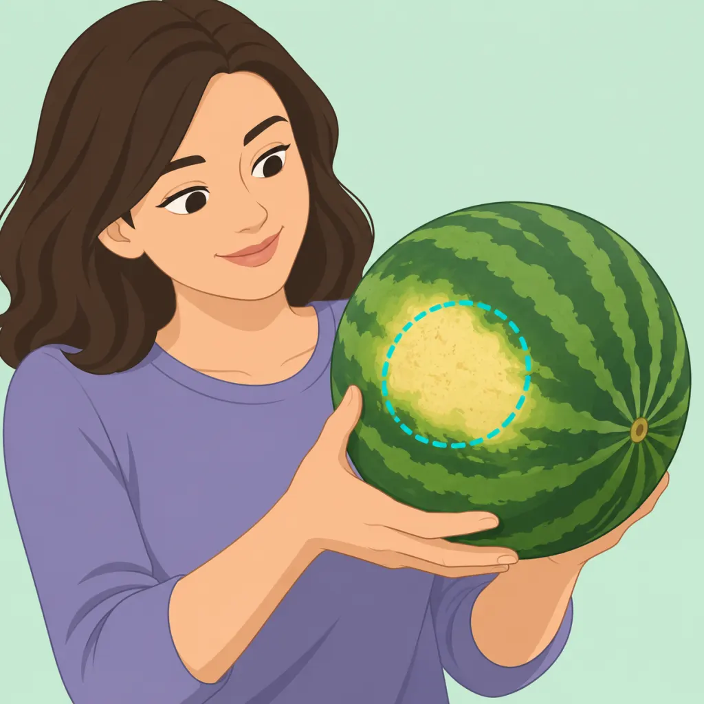 Illustration of a person checking the yellow field spot on a watermelon.