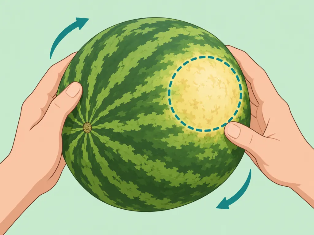 Hands checking the yellow field spot on a watermelon.