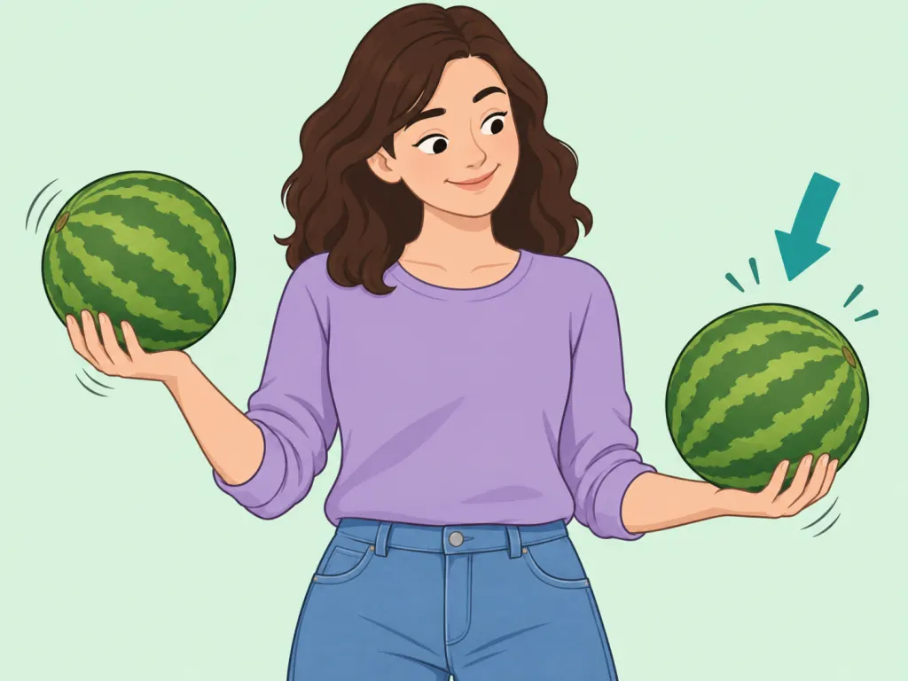 A shopper comparing two watermelons by weight.