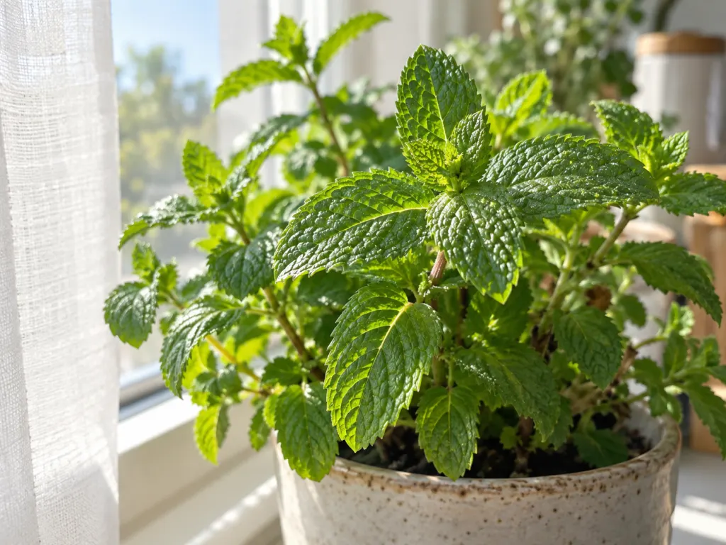 Potted peppermint plant with bright green serrated leaves on a sunlit windowsill