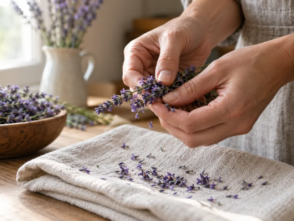 Two hands rubbing fresh lavender flower spikes together over linen fabric to release aromatic oils