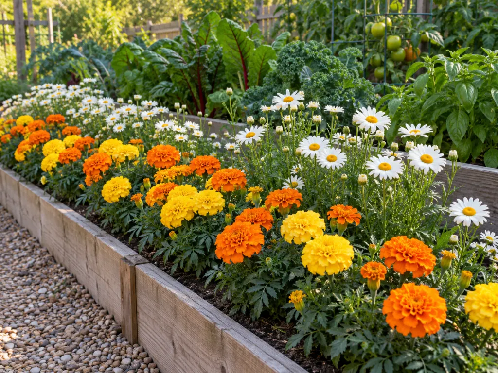 Garden border of orange marigolds and white chrysanthemum daisies planted at the edge of a raised vegetable bed