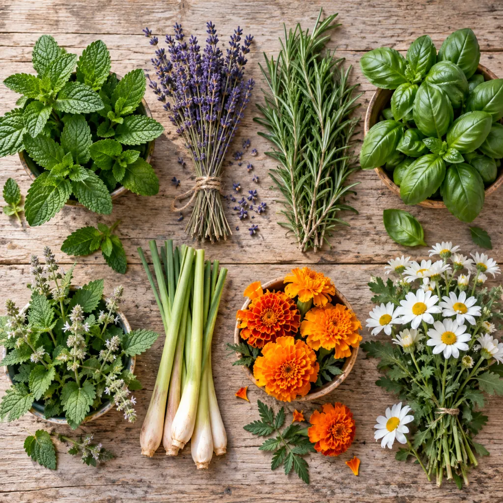Flat lay of eight pest-repelling plants including peppermint, lavender, rosemary, marigolds, and chrysanthemums on a light wooden surface