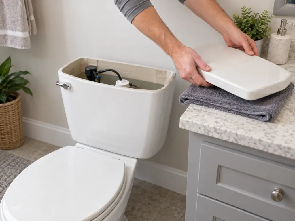 Hands setting a toilet tank lid on a towel before inspecting the tank.