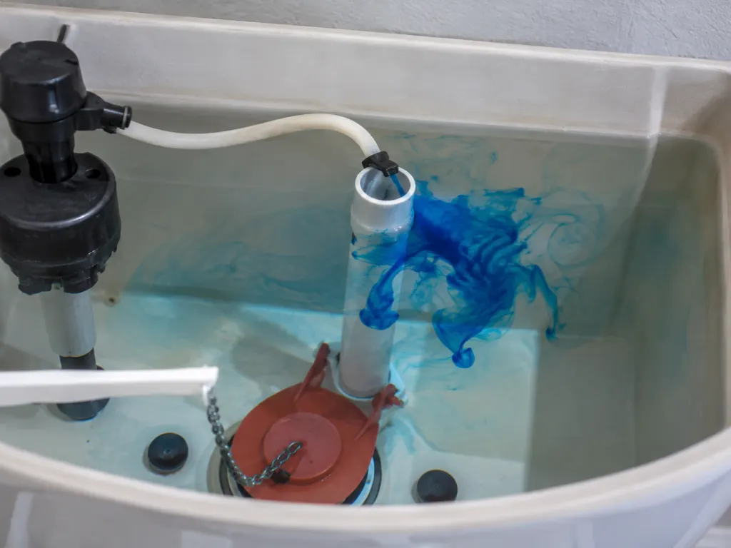 Colored dye spreading in a toilet tank during a silent leak test.