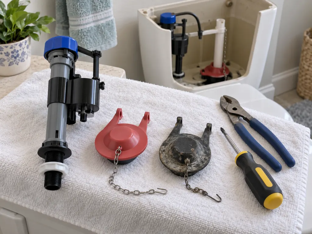 New and worn toilet flappers with a fill valve and simple tools ready for repair.