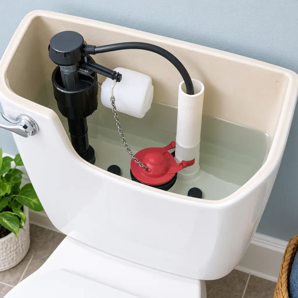 Open toilet tank showing the flapper, chain, fill valve, float, and overflow tube.